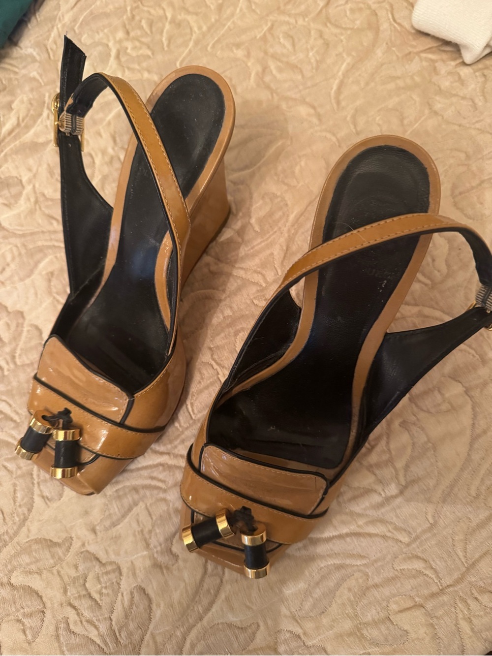 Tory Burch Tan and Black Slingback Wedge Sandals with Bow Detail